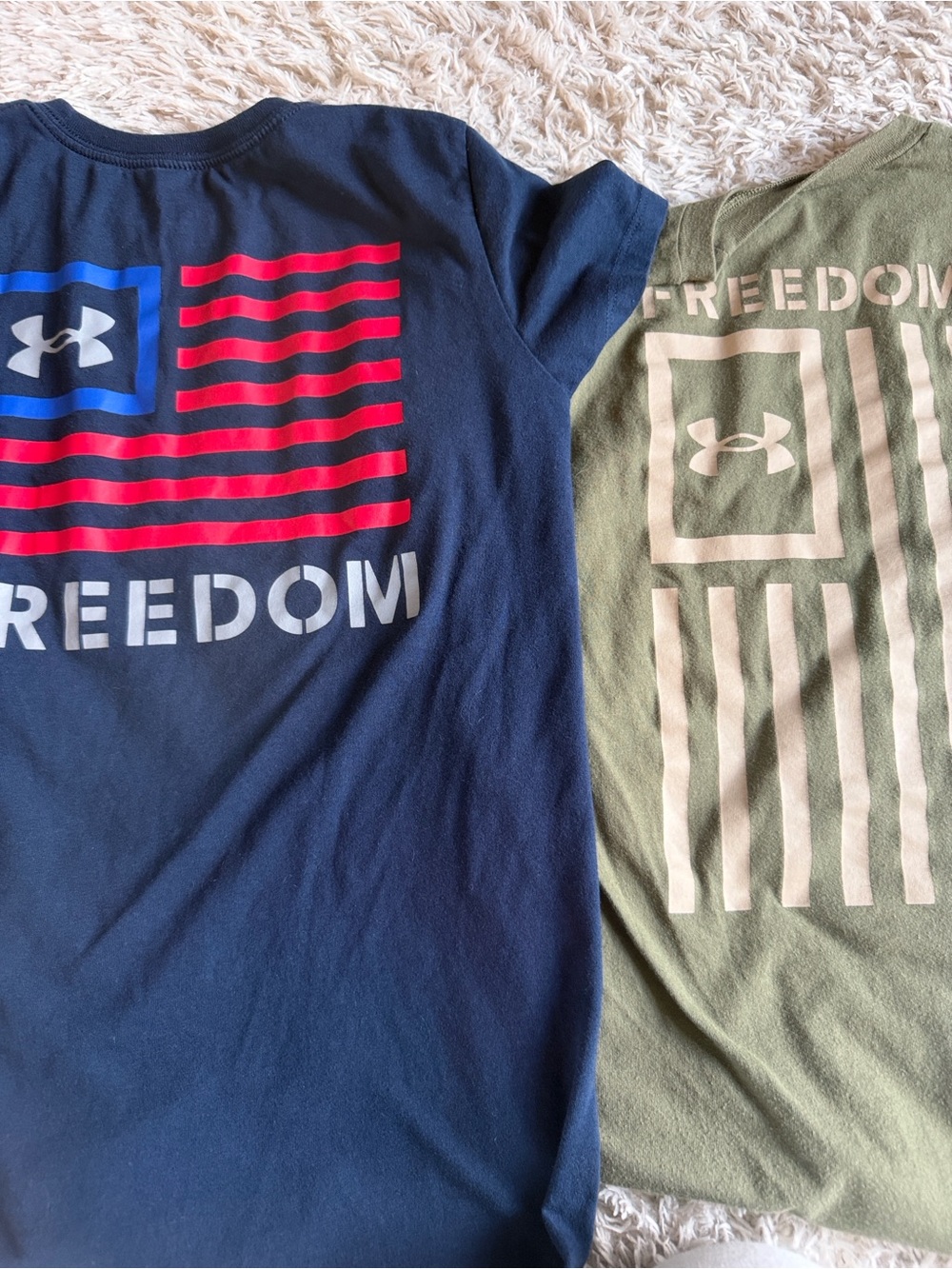 Two Under Armour Freedom Graphic Tees - Navy & Olive $25